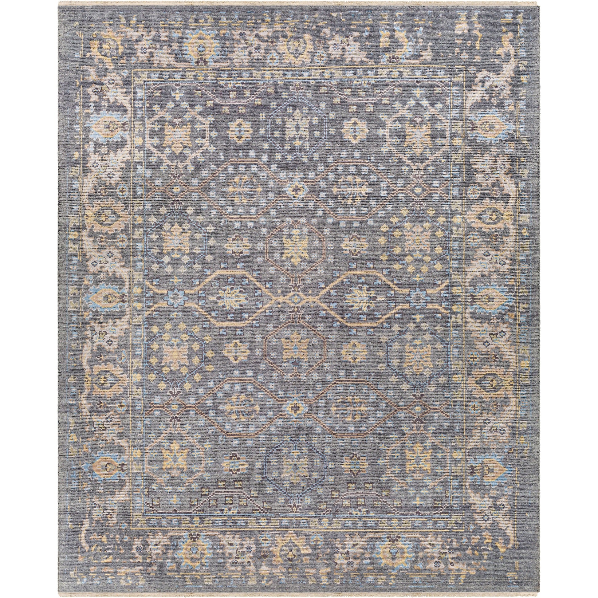 Kushal Rug KUS-2304 by Surya in wheat, pale blue, cream, charcoal, light gray. Made from 70% viscose, 30% wool in a traditional style.