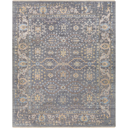 Kushal Rug KUS-2304 by Surya in wheat, pale blue, cream, charcoal, light gray. Made from 70% viscose, 30% wool in a traditional style.