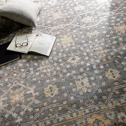 Kushal Rug KUS-2304 by Surya in wheat, pale blue, cream, charcoal, light gray. Made from 70% viscose, 30% wool in a traditional style.