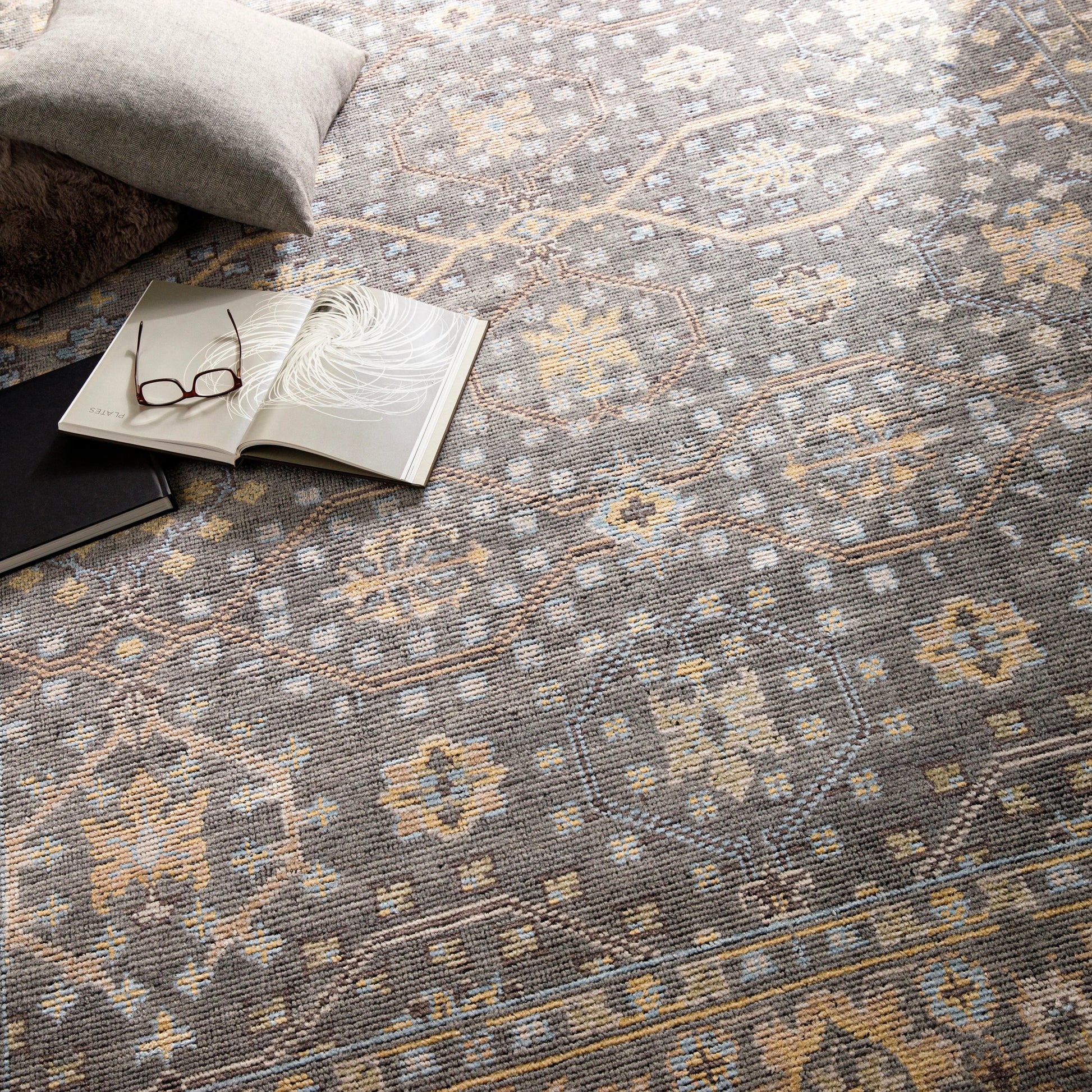 Kushal Rug KUS-2304 by Surya in wheat, pale blue, cream, charcoal, light gray. Made from 70% viscose, 30% wool in a traditional style.