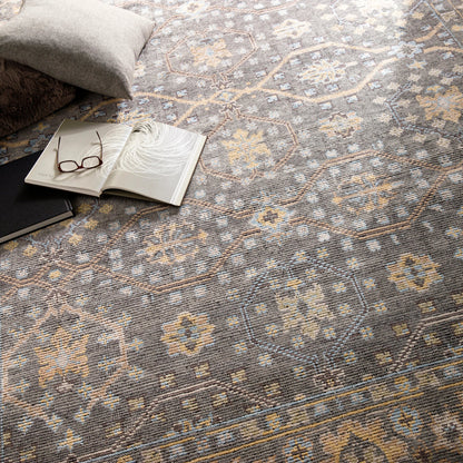 Kushal Rug KUS-2304 by Surya in wheat, pale blue, cream, charcoal, light gray. Made from 70% viscose, 30% wool in a traditional style.