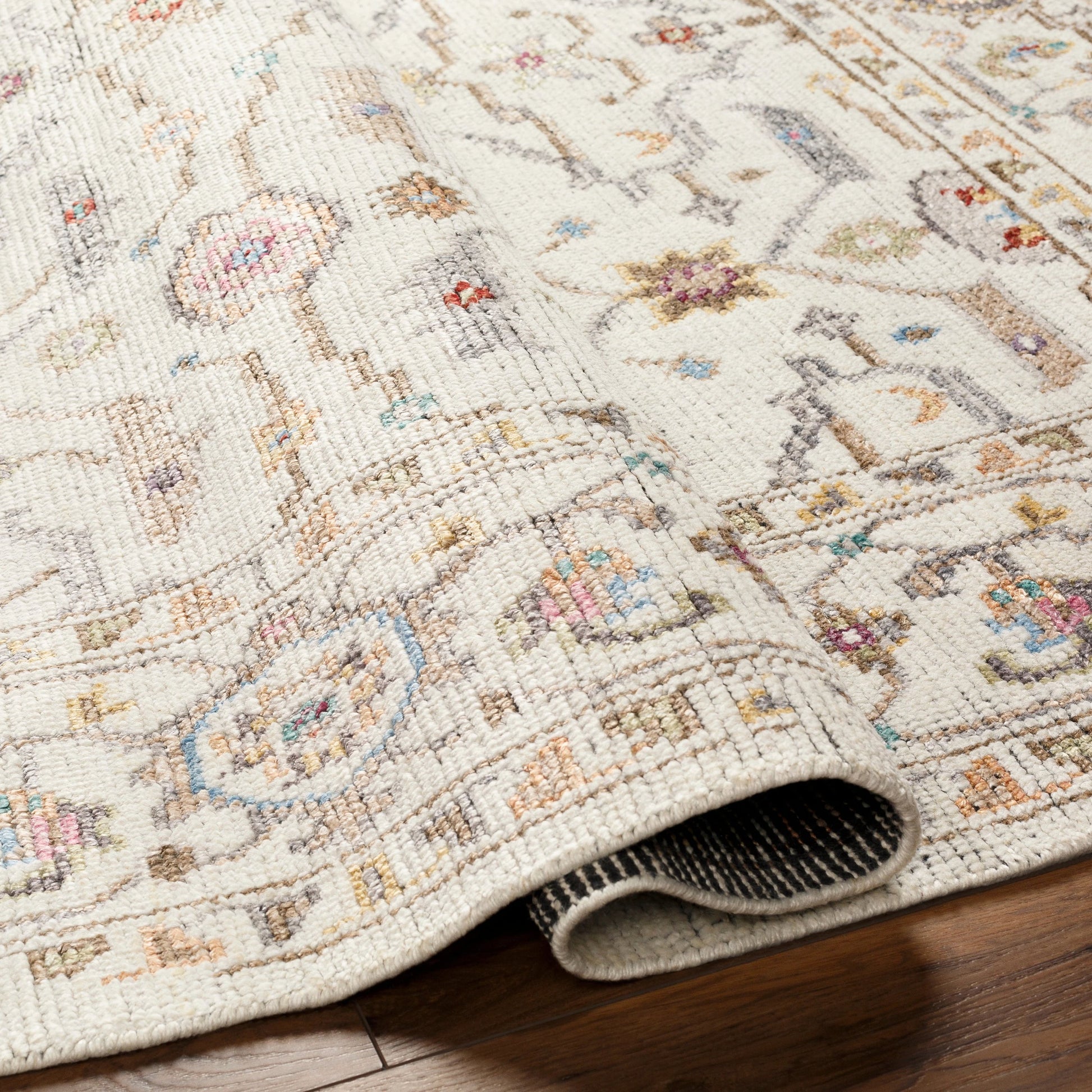 Kushal Rug - 30132 by Surya in tan, wheat, gray, light blue, light gray, pink. Made from 70% viscose, 30% wool in a unique style.