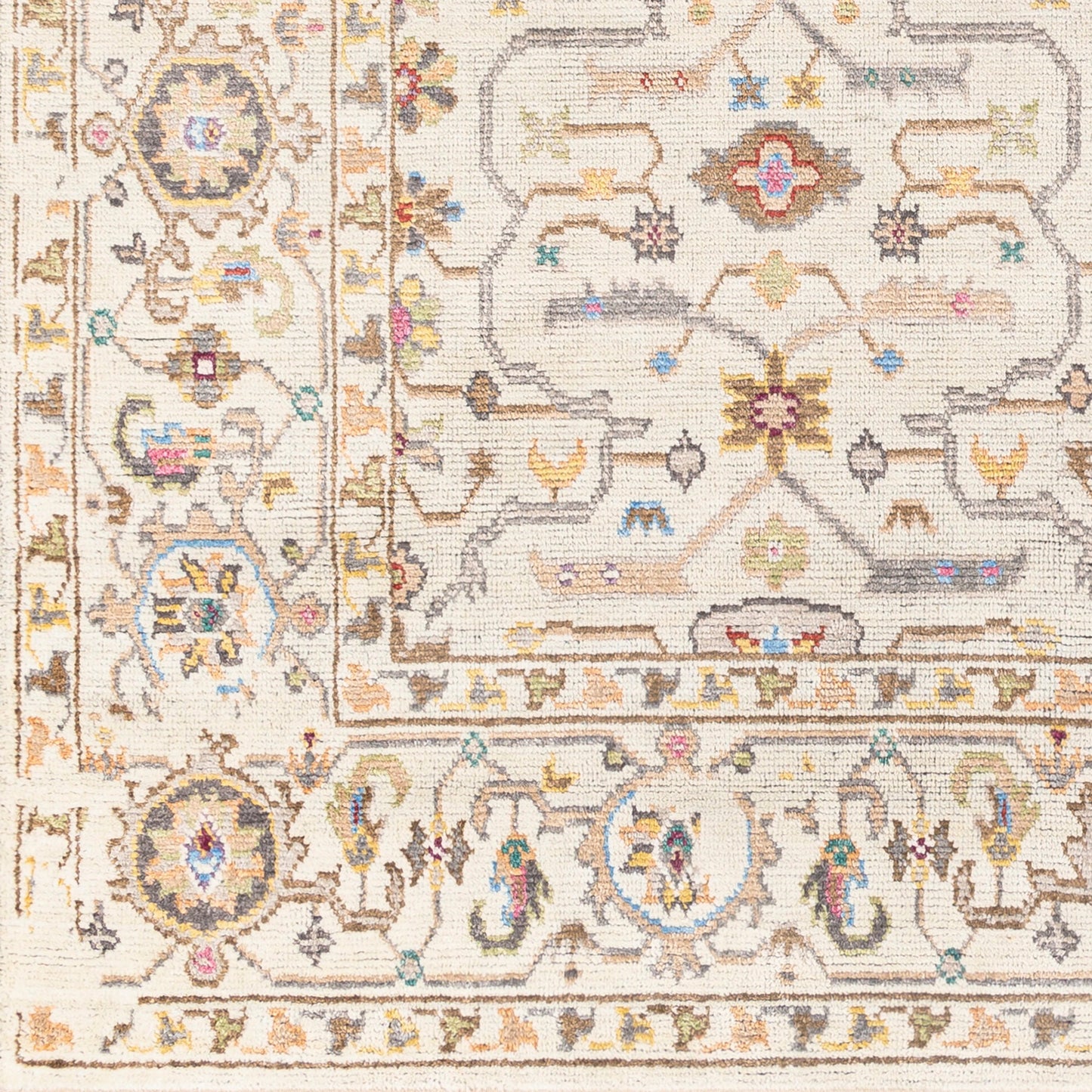 007 SI-1884369,SI-1884370,SI-1884371 | Closeup | Kushal Rug - 30132 by Surya in tan, wheat, gray, light blue, light gray, pink. Made from 70% viscose, 30% wool in a unique style.