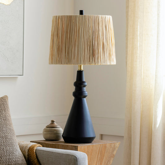 Kuta Table Lamp - 31884 by Surya in body: black, shade: beige, finial: black, harp: metallic - nickel, cord: black and glazedpainted. Made from shade (outside): raffia, shade (inside): raffia, body: ceramic, finial: metal, harp