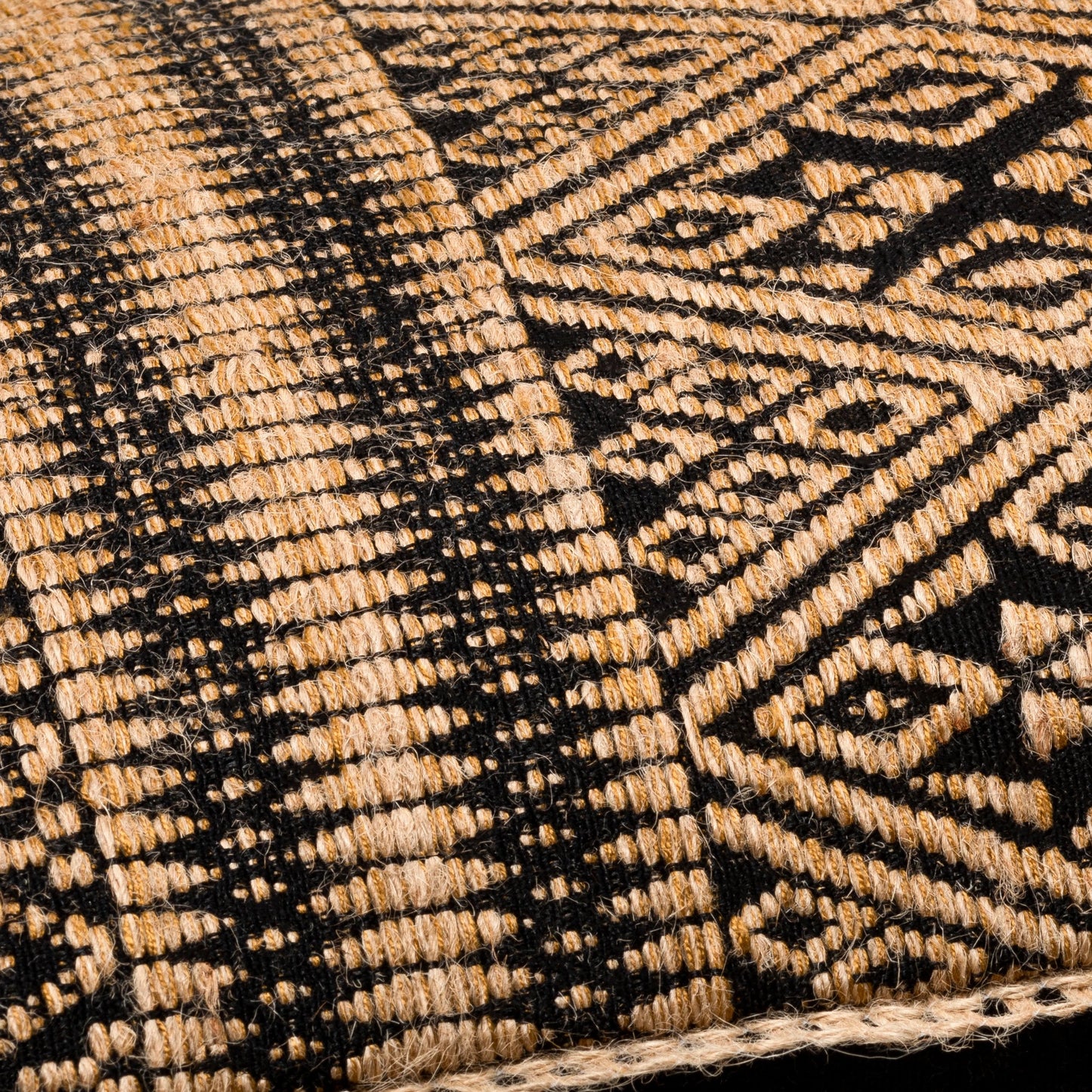 003 SI-1915746,SI-1915747 | Closeup | Kavana Pillow - 29161 by Surya in camel, black. Made from front: 75% cotton, front: 25% jute, back: 100% cotton in a modern style.