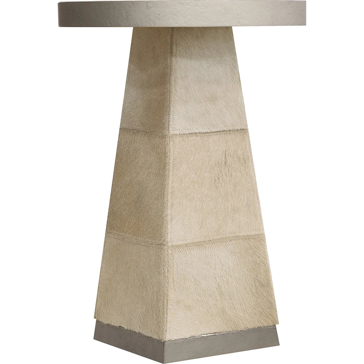 001 SI-2458414 | Primary Silo | Melange Holy Cow Spot Table by Hooker Furniture in silver metal, beige leather. Made from wood, stone, metal, hair on hide leather, fabric, 82% polyester, 13% acrylic, 5% linen in a transitional style.