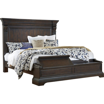 Caldwell Storage Bed by Pulaski Furniture in dark brown espresso. Made from acacia veneers, asian hardwood in a traditional style.