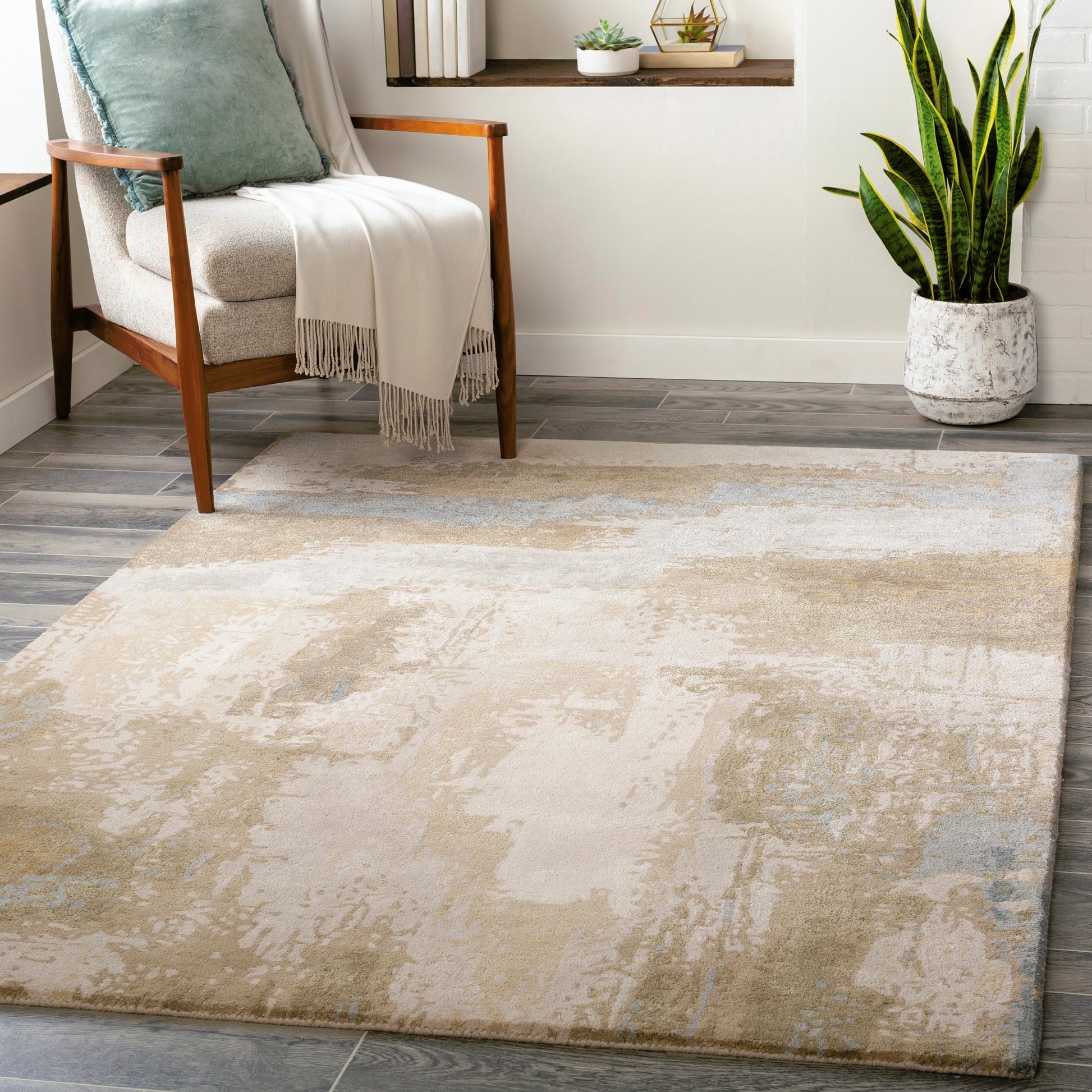 Kavita Rug - 25153 by Surya in oatmeal, light beige, tan, medium gray, pale blue. Made from 50% viscose, 50% wool in a unique style.