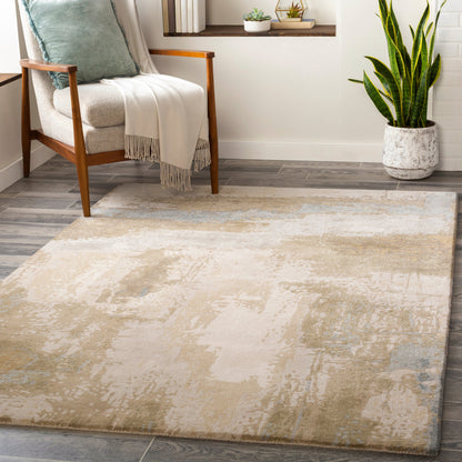 Kavita Rug - 25153 by Surya in oatmeal, light beige, tan, medium gray, pale blue. Made from 50% viscose, 50% wool in a unique style.