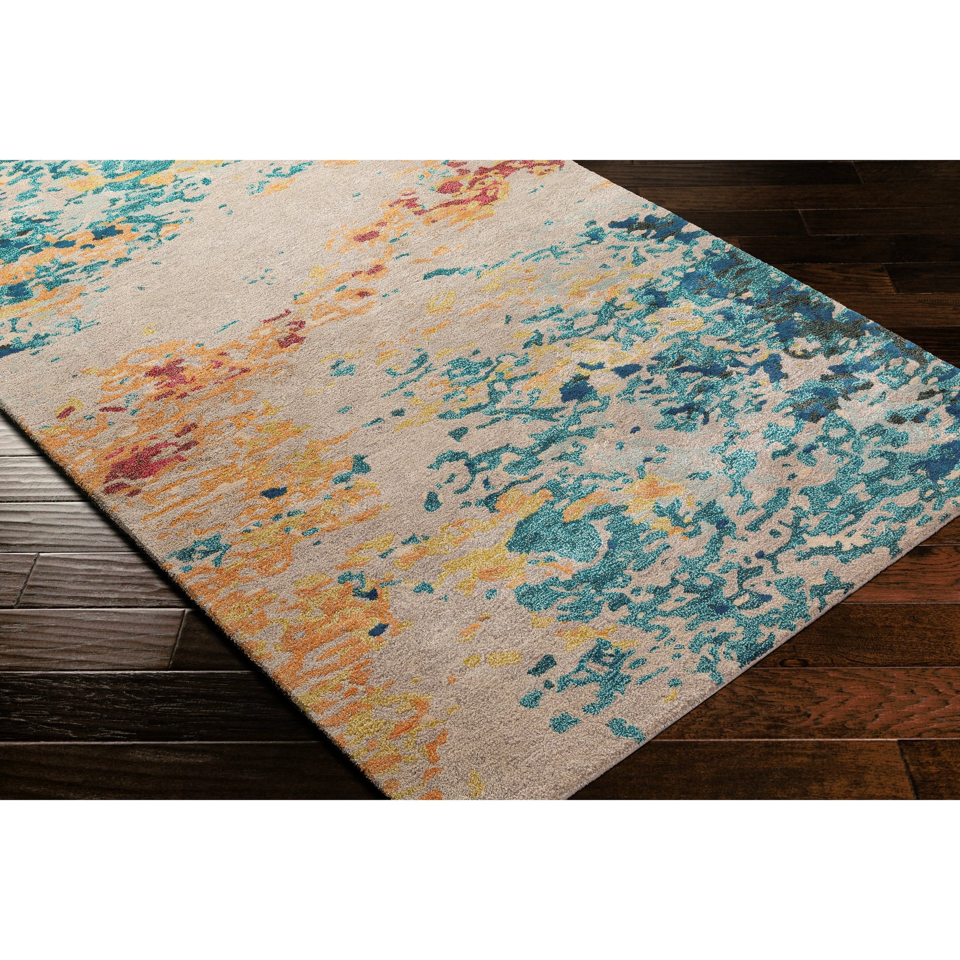 Kavita Rug - 30271 by Surya in aqua, blue, burnt orange, yellow, red, burgandy. Made from 50% viscose, 50% wool in a unique style.