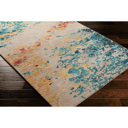 Kavita Rug - 30271 by Surya in aqua, blue, burnt orange, yellow, red, burgandy. Made from 50% viscose, 50% wool in a unique style.