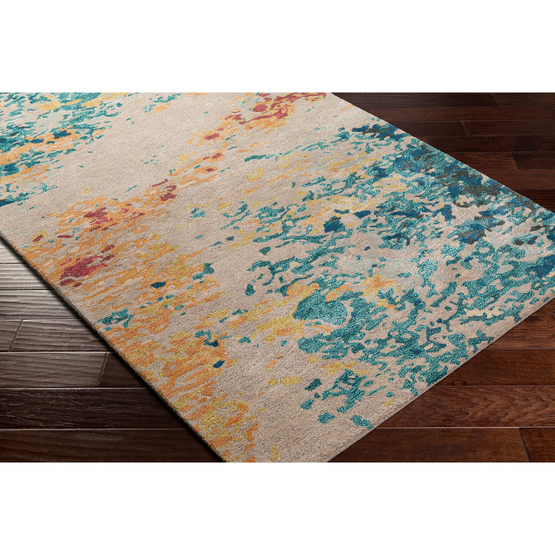 Kavita Rug - 30271 by Surya in aqua, blue, burnt orange, yellow, red, burgandy. Made from 50% viscose, 50% wool in a unique style.