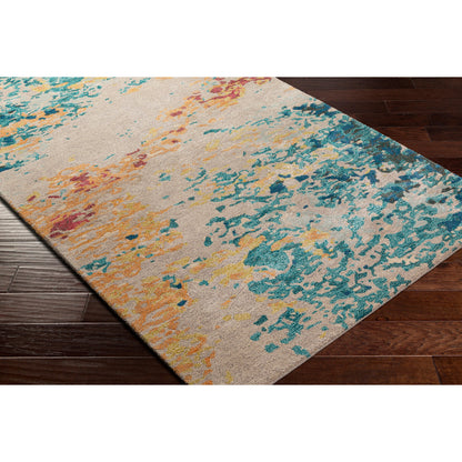 Kavita Rug - 30271 by Surya in aqua, blue, burnt orange, yellow, red, burgandy. Made from 50% viscose, 50% wool in a unique style.