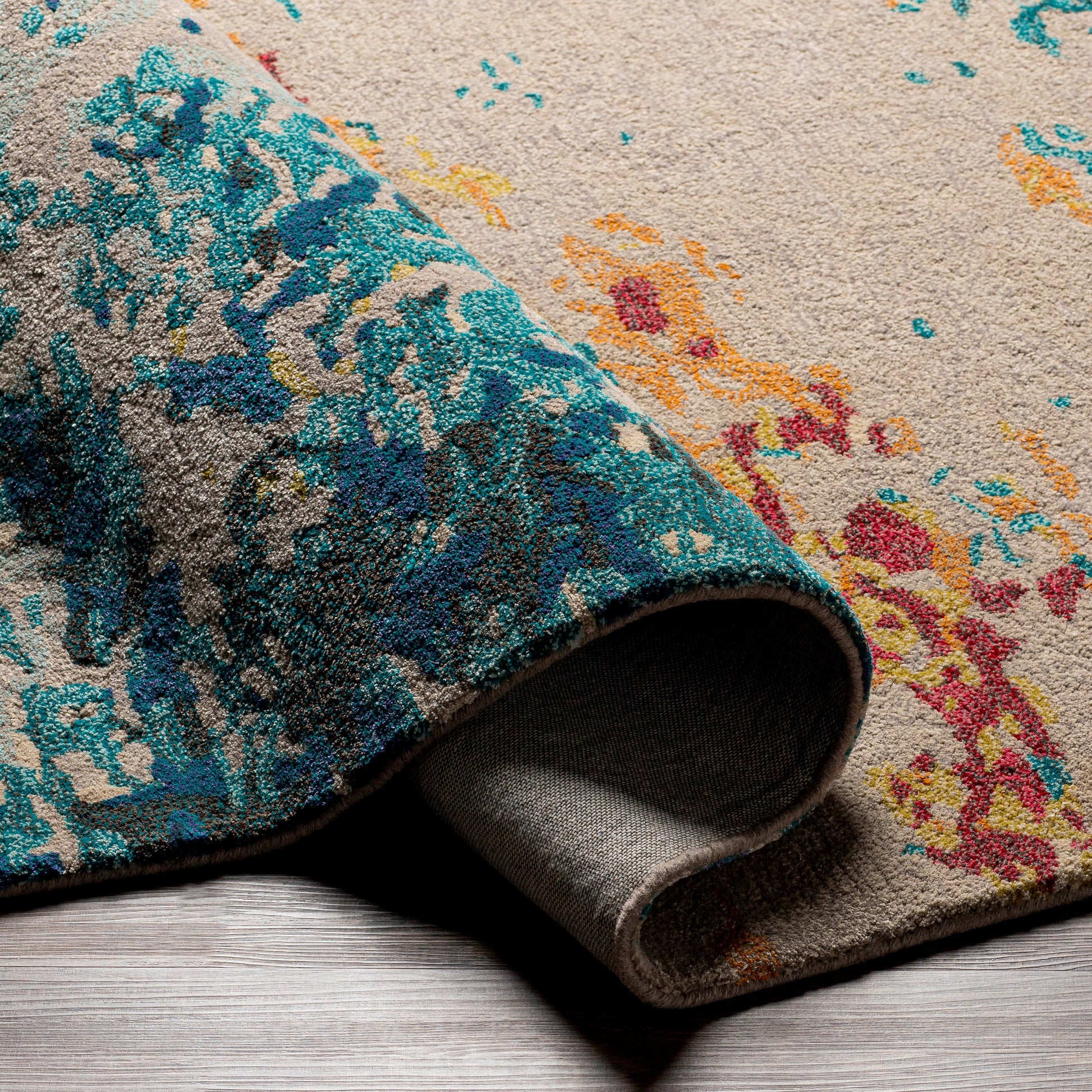 Kavita Rug - 30271 by Surya in aqua, blue, burnt orange, yellow, red, burgandy. Made from 50% viscose, 50% wool in a unique style.