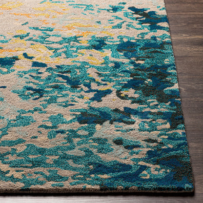 Kavita Rug - 30271 by Surya in aqua, blue, burnt orange, yellow, red, burgandy. Made from 50% viscose, 50% wool in a unique style.
