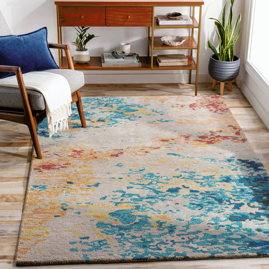 Kavita Rug - 30271 by Surya in aqua, blue, burnt orange, yellow, red, burgandy. Made from 50% viscose, 50% wool in a unique style.