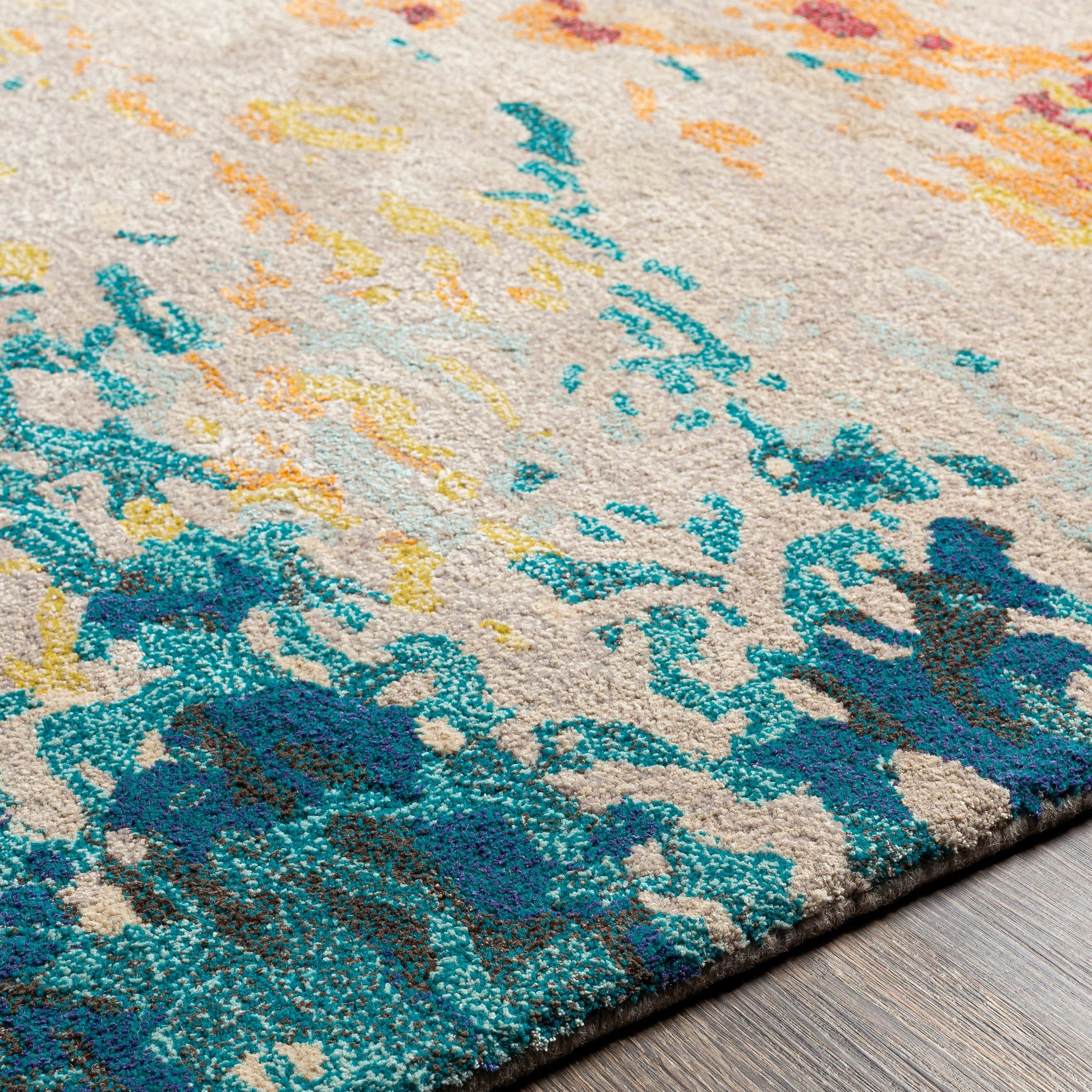 Kavita Rug - 30271 by Surya in aqua, blue, burnt orange, yellow, red, burgandy. Made from 50% viscose, 50% wool in a unique style.