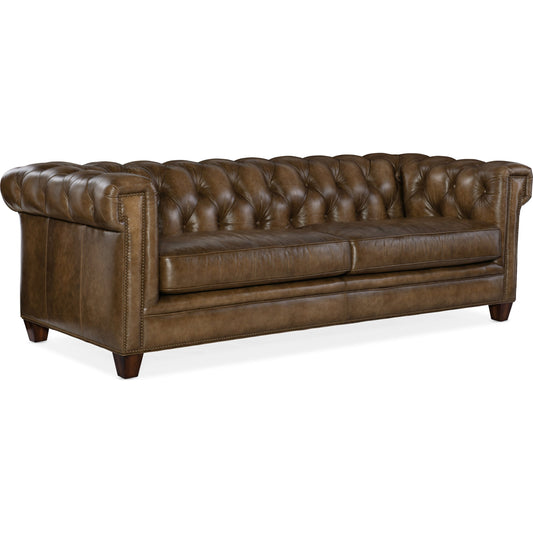 Chester Stationary Sofa by Hooker Furniture in brown. Made from leather in a rustic style.