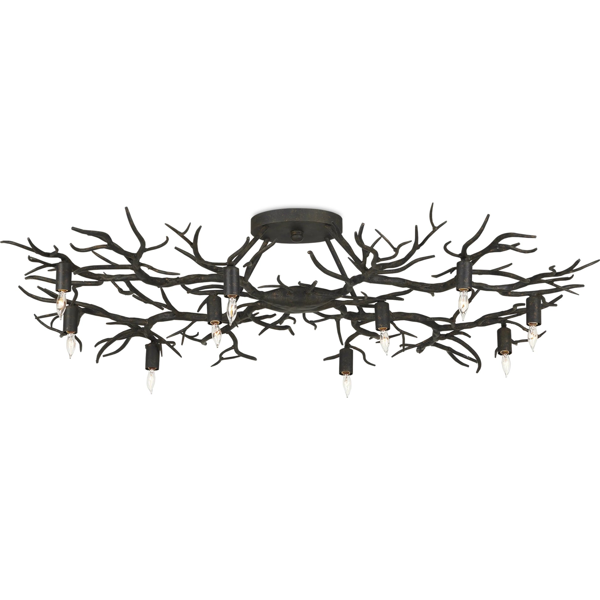 Rainforest Semi-Flush by Currey and Company in rustic bronze. Made from wrought iron in a modern style.