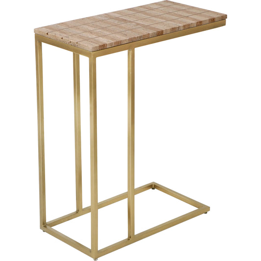 Dezi C Table by Currey and Company in natural, brass. Made from travertine, brass, iron in a unique style.