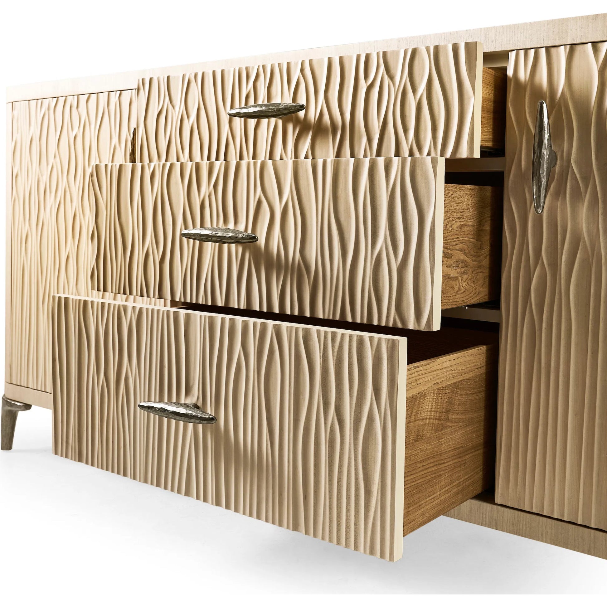 Water Breaker Mixed Media Credenza by Jonathan Charles in beige and ash blonde. Made from dyed koto veneer, bone, leather, metal in a transitional style.