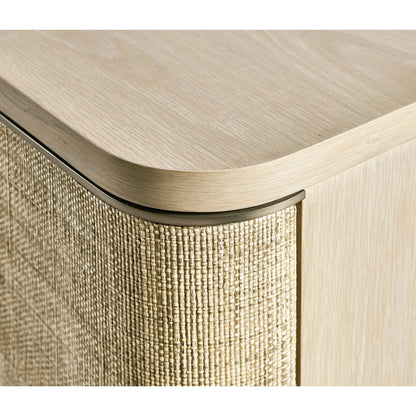 Water Seiche Woven Night Stand by Jonathan Charles in bleached oak. Made from oak, grass cloth, brass in a unique style.