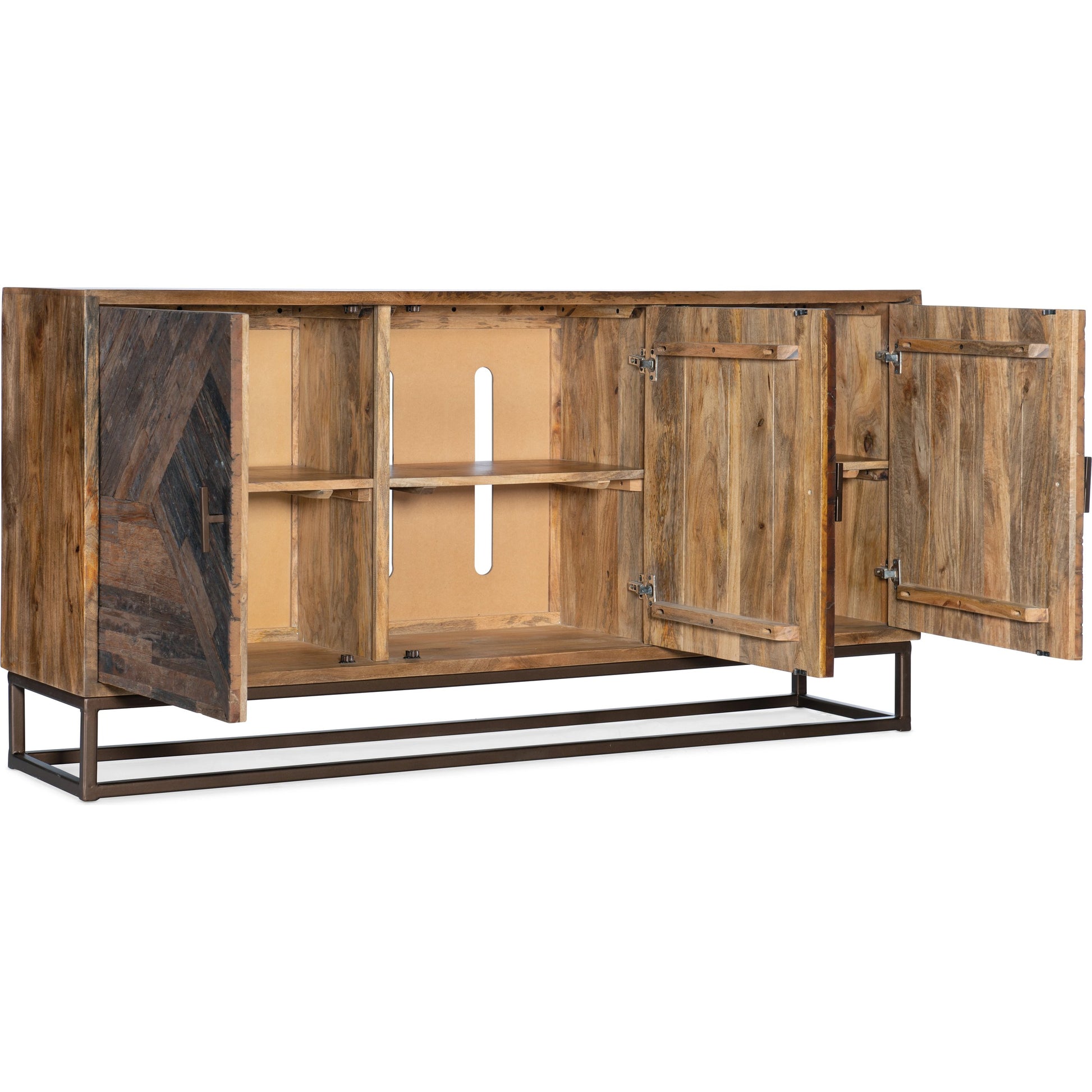 Brown Entertainment Console by Hooker Furniture in rustic medium, rustic dark. Made from mango wood, iron in a rustic style.