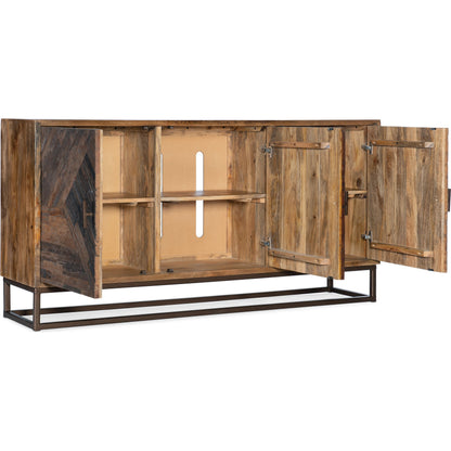 Brown Entertainment Console by Hooker Furniture in rustic medium, rustic dark. Made from mango wood, iron in a rustic style.