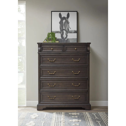 Hickory Creek 6 Drawer Chest by Pulaski Furniture in brown velvet. Made from split heart cathedral hickory veneers in a unique style.