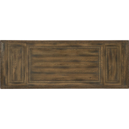 Balcones Friendship Table by Hooker Furniture in saddle brown, anthracite black. Made from white oak, walnut veneers with resin, cedar in a traditional style.