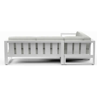 Newport Outdoor Sectional by Sunset West in frost. Made from aluminum in a modern style.