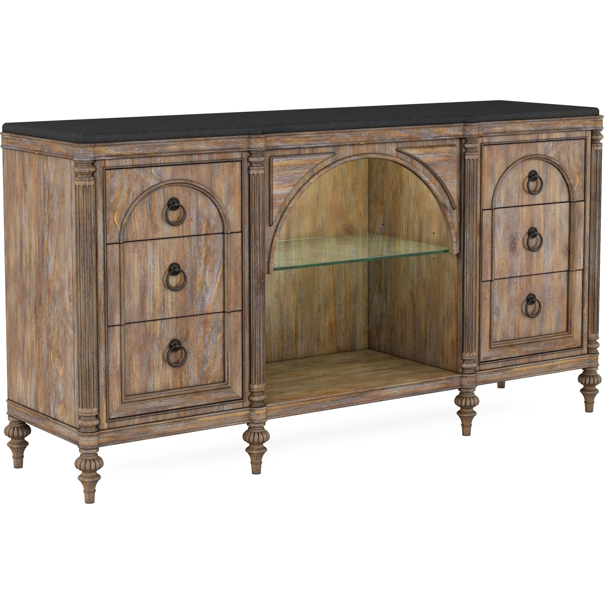 Architrave Server by A.R.T. Furniture in almond. Made from pine solids and veneer, glass, granite, metal in a traditional style.