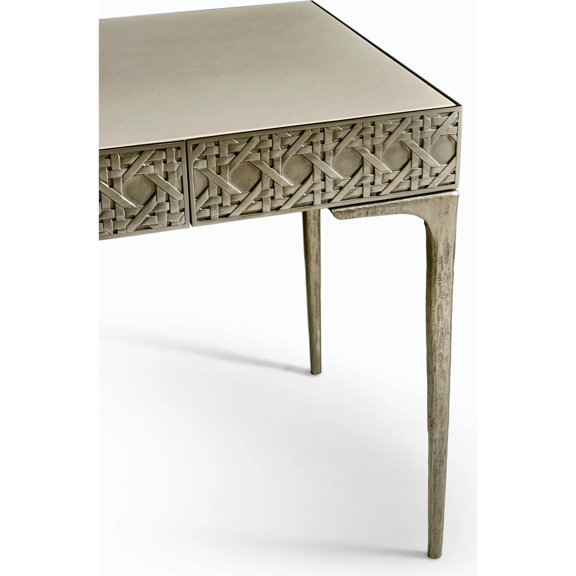 Water Cnoidal Cane Carved Metal Desk by Jonathan Charles in white brass. Made from metal, leather in a modern style.