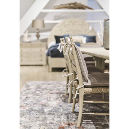 Timeless Doppler Ladderback Arm Chair by Jonathan Charles in stripped brown chestnut. Made from oak, fiber rush, foam, fabric in a coastal style.
