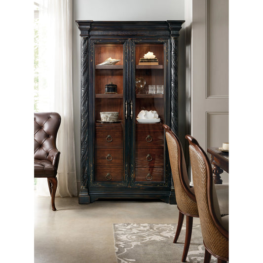 Charleston Display Cabinet by Hooker Furniture in black cherry. Made from cherry veneers with tempered glass in a traditional style.