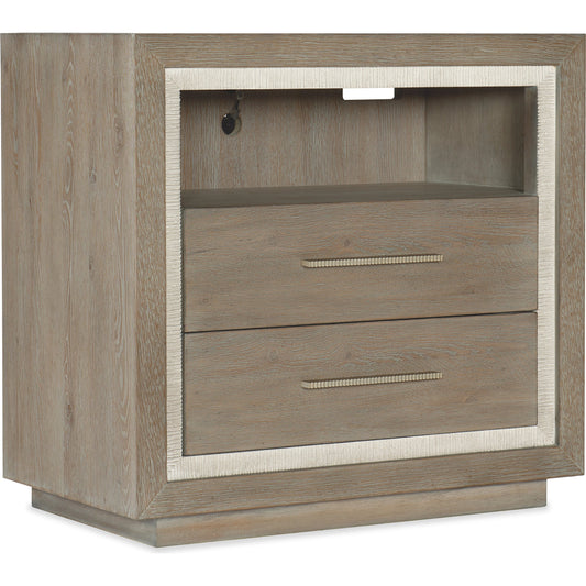Serenity Balboa Two Drawer Nightstand by Hooker Furniture in malibu, champagne. Made from oak veneers, resin in a modern style.