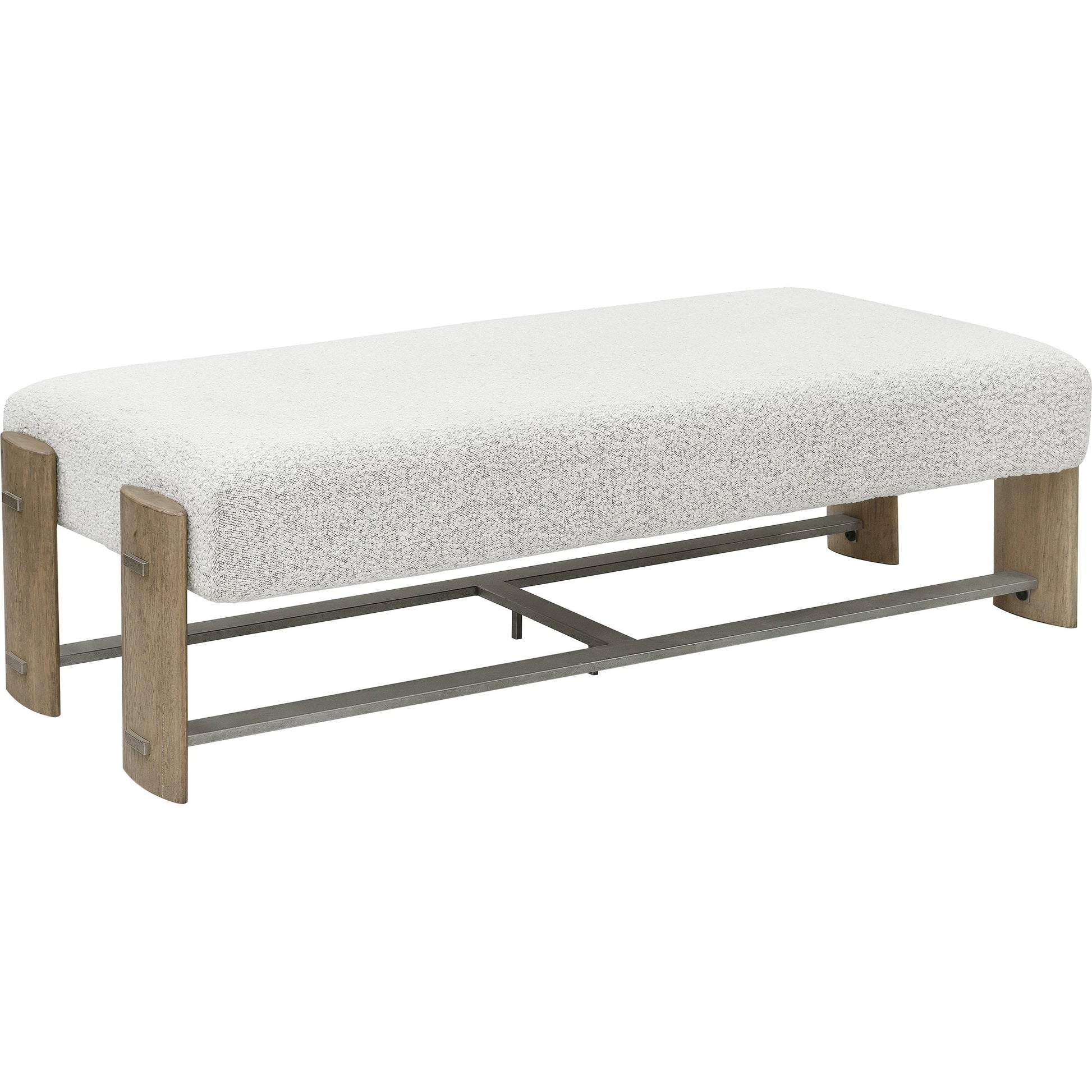 Modern Upholstered Ottoman Bench by Pulaski Furniture in light natural wood, gray metal. Made from oak veneers in a modern style.