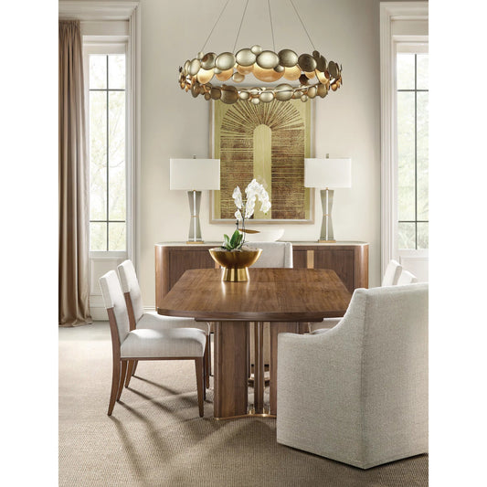 Eleana Rectangle Dining Table with Two 20-inch Leaves by Hooker Furniture in light caramel, sunlit bronze metal. Made from walnut veneers, metal in a modern style.