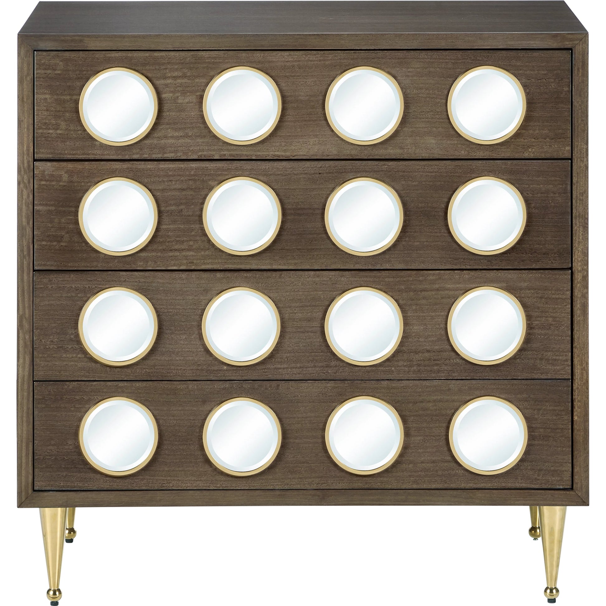Colette Chest by Currey and Company in tawny brown, polished brass, mirror, rose. Made from figured eucalyptus, stainless steel, glass, faux velvet in a modern style.