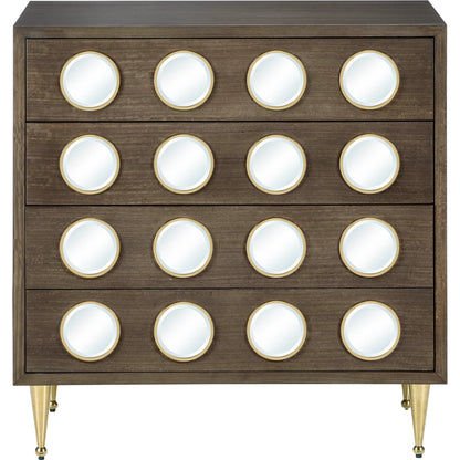 Colette Chest by Currey and Company in tawny brown, polished brass, mirror, rose. Made from figured eucalyptus, stainless steel, glass, faux velvet in a modern style.