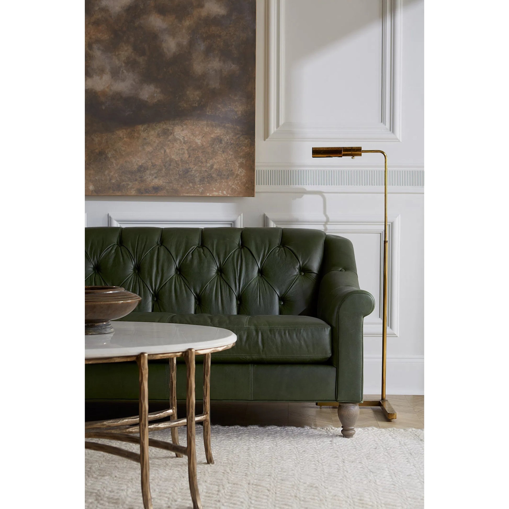 Monier Cocktail Table by Fairfield Chair in antique gold and antique gold. Made from faux, bois metal, calcutta stone in a unique style.