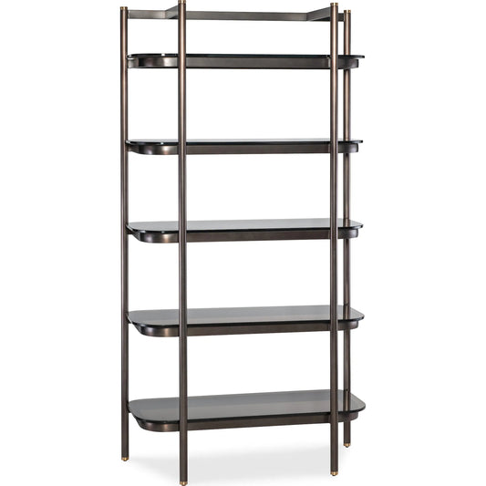 Grayson Etagere by Hooker Furniture in black metal with smoked glass. Made from unique in a unique style.