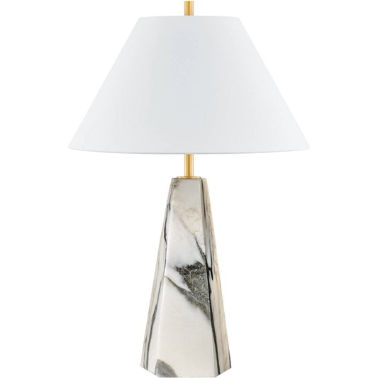 Benicia Table Lamp by Hudson Valley in aged brass. Made from natural stone in a unique style.