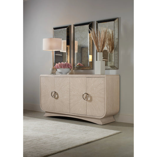 Nouveau Chic Buffet by Hooker Furniture in sandstone. Made from oak veneers, volakas white marble in a modern style.