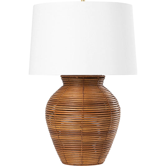 Newark Table Lamp by Hudson Valley in vintage gold leaf. Made from rattan in a cottage & farmhouse style.