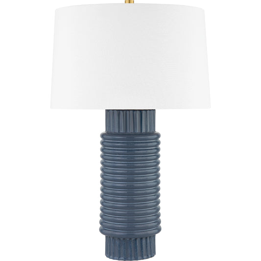 Broderick 1 Light Table Lamp by Hudson Valley in aged brass, grey blue reactive ceramic. Made from ceramic in a modern style.