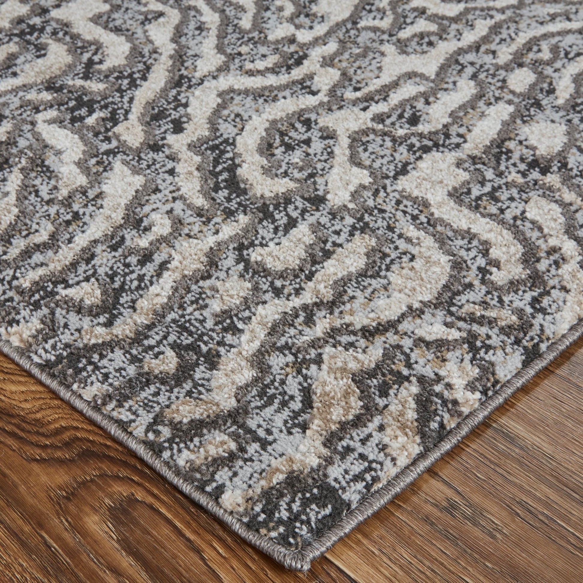 Vancouver Transitional Rug - 39FJF by Feizy in gray, taupe, ivory. Made from 74% polypropylene frieze, 26% high bulk polyester in a unique style.