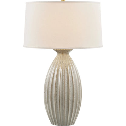 Box Elder Table Lamp by Hudson Valley in aged brass, ceramic taupe velvet. Made from ceramic in a unique style.