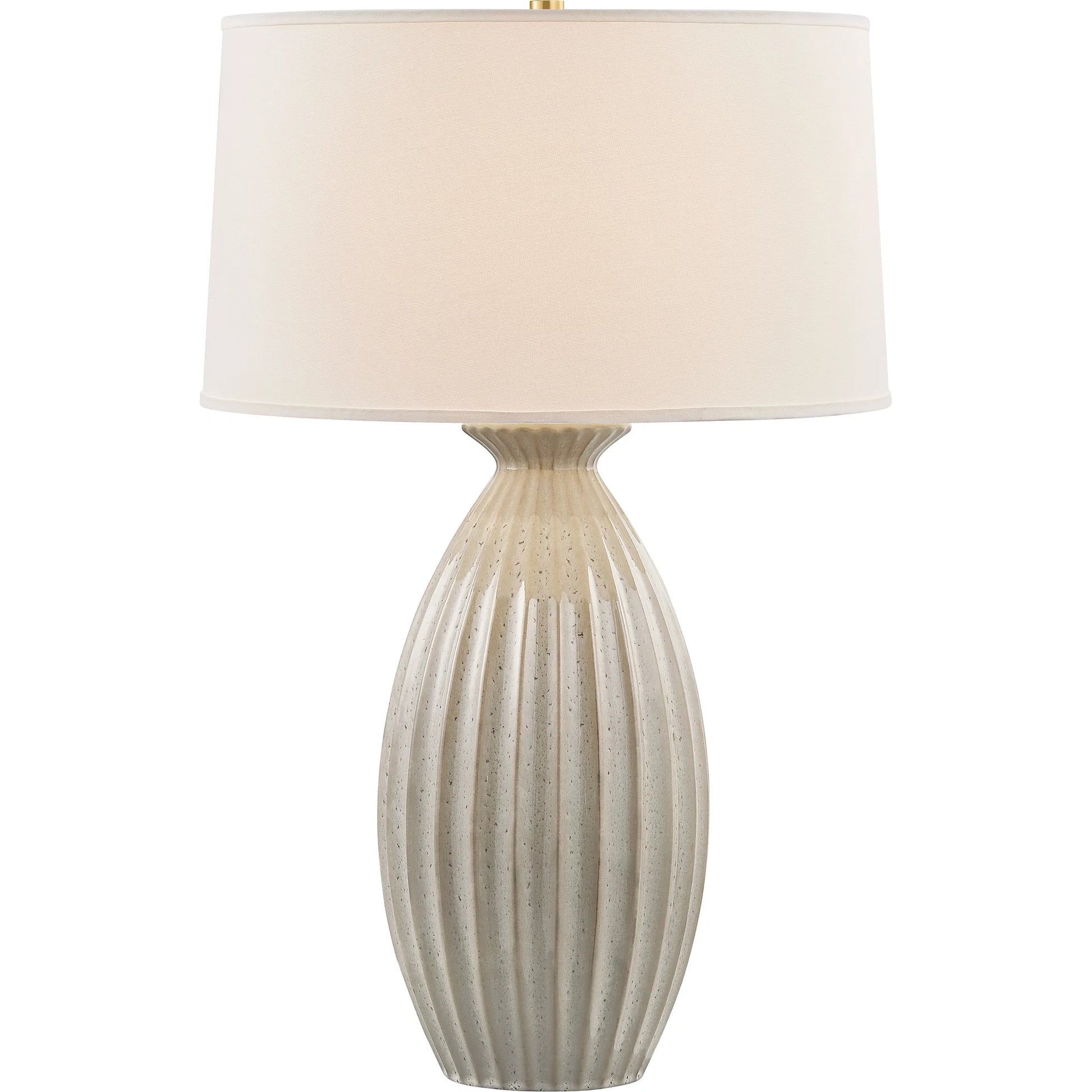 Box Elder Table Lamp by Hudson Valley in aged brass, ceramic taupe velvet. Made from ceramic in a unique style.