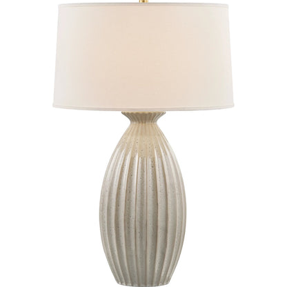 Box Elder Table Lamp by Hudson Valley in aged brass, ceramic taupe velvet. Made from ceramic in a unique style.